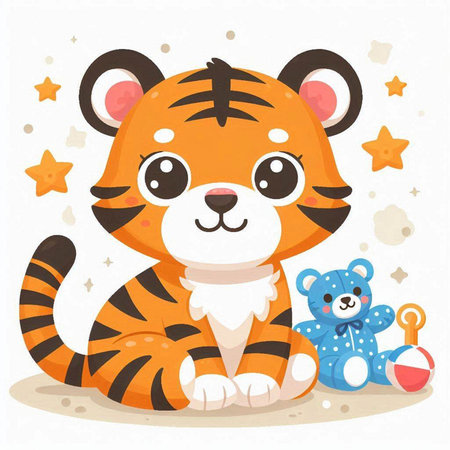 Cute tiger with teddy bear and star. Vector illustration.のイラスト素材