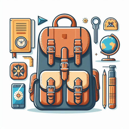 Backpack with school supplies. Vector illustration in a flat style.のイラスト素材