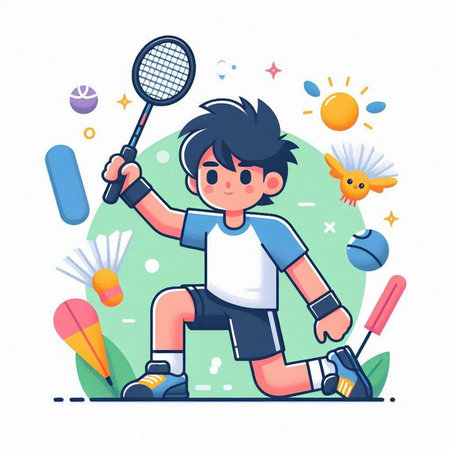 Little boy playing badminton. Vector illustration in cartoon style.のイラスト素材