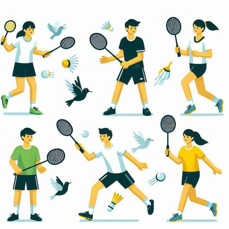 Badminton players. Set of vector illustrations in flat style.のイラスト素材