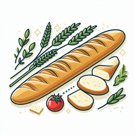 Baguette, bread, cheese, parsley, tomatoes, wheat. Vector illustration.のイラスト素材