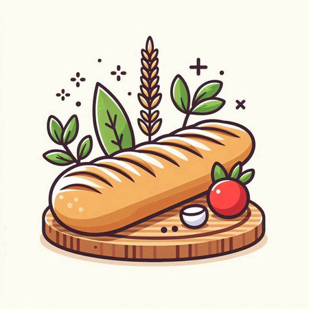 Baguette bread on wooden board with tomato and herbs. Vector illustration.のイラスト素材