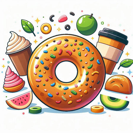 Donut with ice cream and fruits. Vector illustration in cartoon style.のイラスト素材