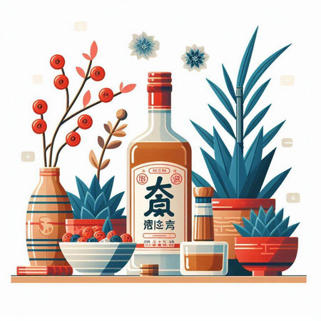 Chinese lunar new year vector illustration with bottle of wine and plants.のイラスト素材