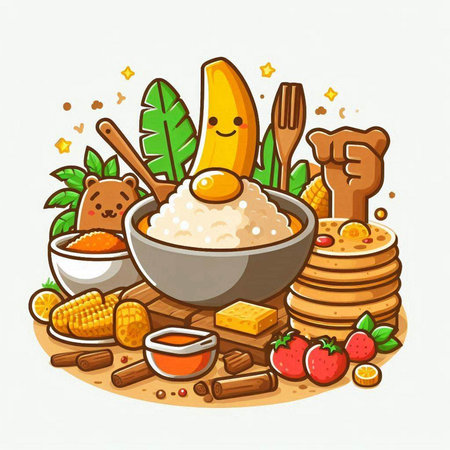 Illustration of a bowl of rice with a carrot and a bananaのイラスト素材