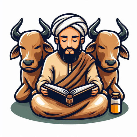 Vector illustration of a muslim man reading a holy book with cowsのイラスト素材