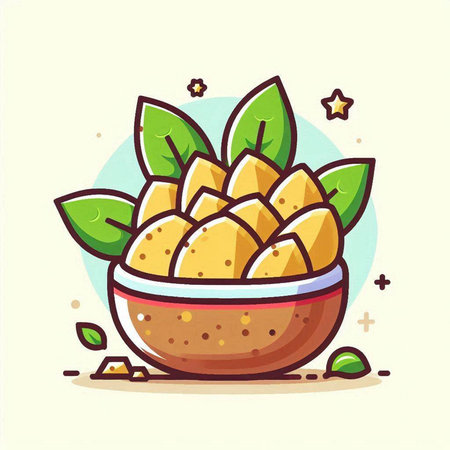 Illustration of mango fruit in a bowl with leaves. Vector illustrationのイラスト素材