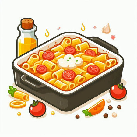 Baked pasta with tomato sauce in baking dish. Vector illustration.のイラスト素材