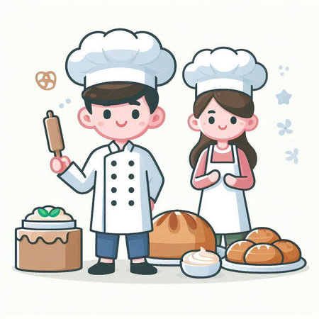 cute chef boy and girl with bakery products. vector illustration.のイラスト素材