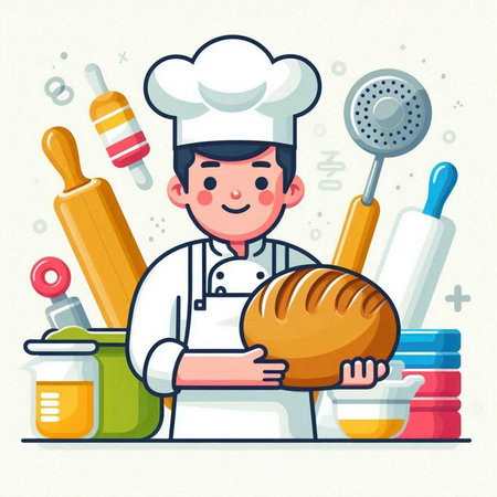 Chef with bread and kitchen utensils, vector illustration.のイラスト素材