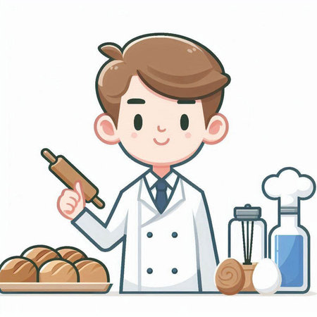 Illustration of a Male Chef Holding a Rolling Pin and Bunsのイラスト素材