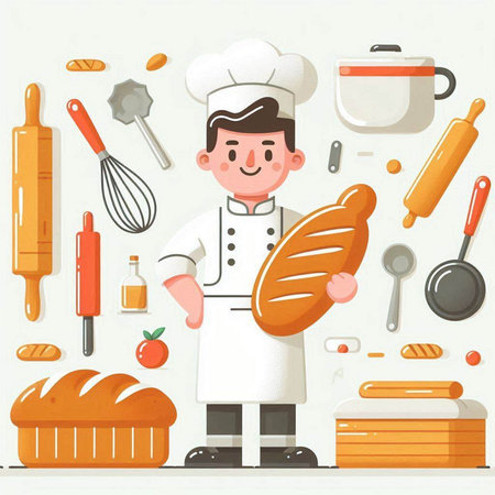 Chef cooking food flat vector illustration. Cartoon male chef in uniform and hat with cooking equipment.のイラスト素材