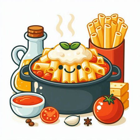 Rigatoni pasta in saucepan with ingredients, vector illustrationのイラスト素材