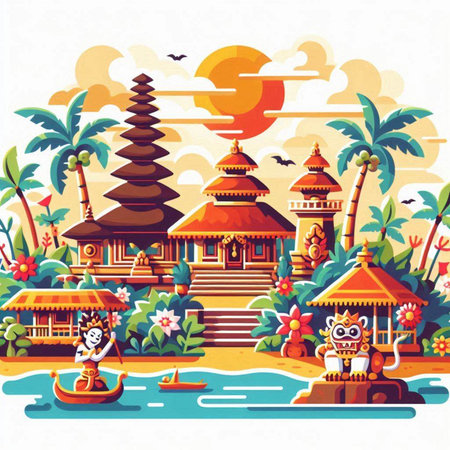 Buddhist temple on the island of Bali, Indonesia. Vector illustrationのイラスト素材