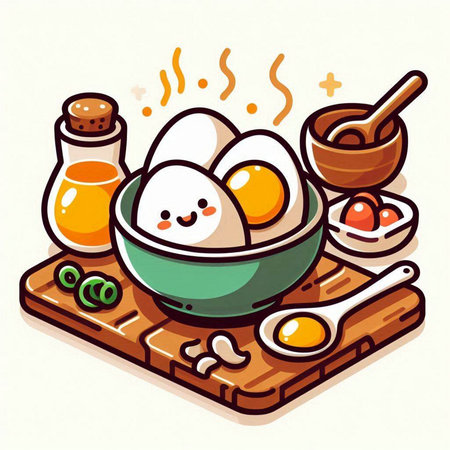 Boiled eggs in bowl on wooden board. Vector illustration of cartoon style.のイラスト素材