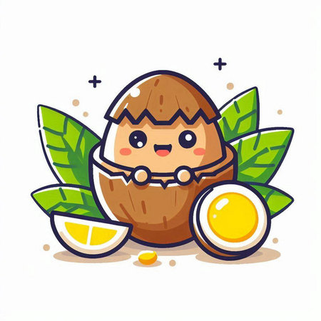 Cute cartoon nutmeg fruit character. Mascot vector illustration.のイラスト素材
