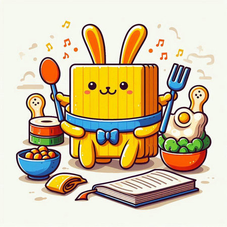 Cartoon vector illustration of happy Easter bunny reading book and preparing food.のイラスト素材