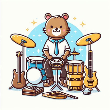 Cute bear playing drums and instruments. Vector illustration in cartoon style.のイラスト素材
