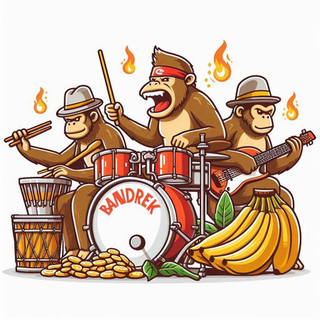 Monkey playing drums and instruments. Vector cartoon illustration isolated on white background.のイラスト素材