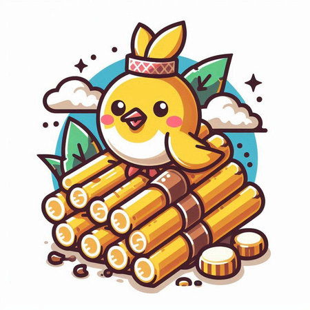 Cute chick sitting on a pile of wood logs. Vector illustration.のイラスト素材