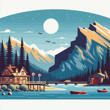 Mountain landscape with wooden house on the lake. Vector illustration.のイラスト素材