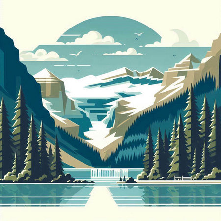 Mountains and lake in the forest. Vector illustration in retro styleのイラスト素材