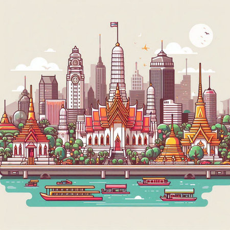 Bangkok cityscape with famous landmarks and boats. Vector illustration.のイラスト素材