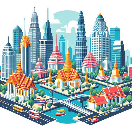Bangkok isometric cityscape with buildings and roads, vector illustrationのイラスト素材