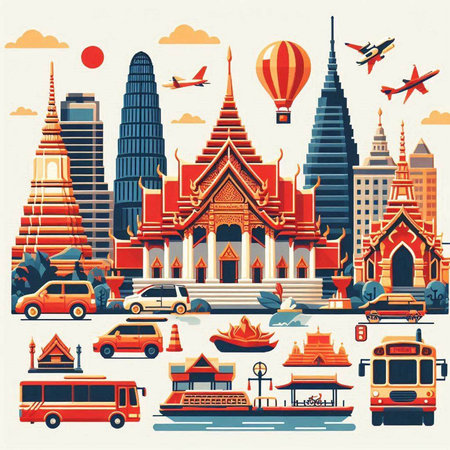 Thailand travel icons set in flat design style. Vector illustration.のイラスト素材