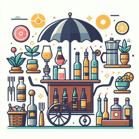 Vector illustration of set of wine shop elements. Line art design.のイラスト素材