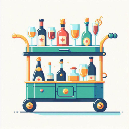 Bottles of wine on a trolley. Flat vector illustration.のイラスト素材