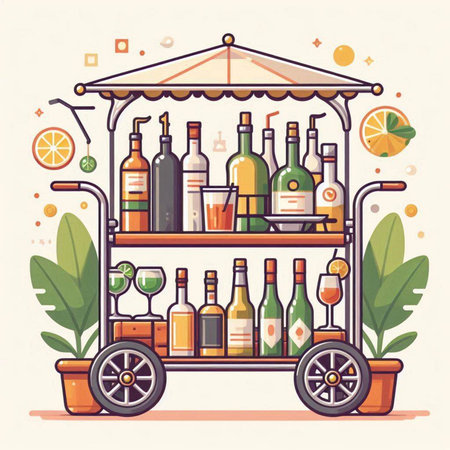 Vector illustration of a food cart with bottles of wine, glasses and fruits.のイラスト素材