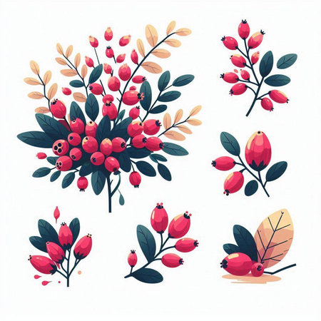 Set of red berries and leaves. Vector illustration in cartoon style.のイラスト素材