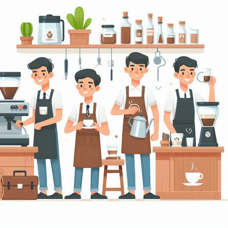 Coffee shop interior with barista and cafe staff, vector illustration.のイラスト素材