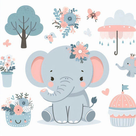 Cute baby elephant with flowers, rain, umbrella and cupcakeのイラスト素材