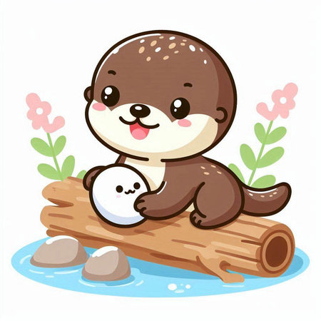 Cute cartoon otter and snowman on a log. Vector illustration.のイラスト素材