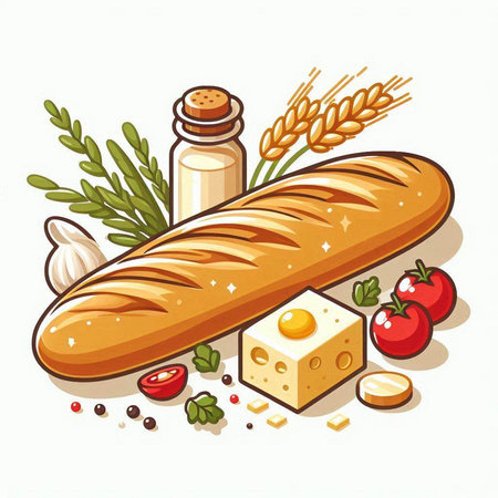 Baguette and ingredients for cooking on white background. Vector illustration.のイラスト素材