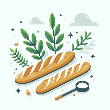 Baguette and baguette with leaf. Vector illustration.のイラスト素材