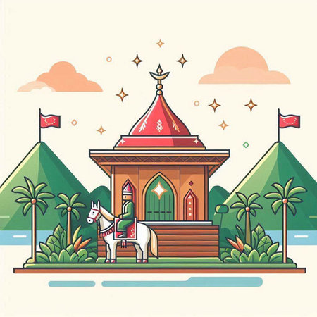 Vector illustration of a beautiful temple with a horse and a red flagのイラスト素材