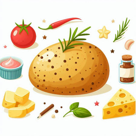 Illustration of a set of ingredients for cooking in cartoon style.のイラスト素材