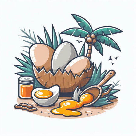 Eggs in an eggshell on the beach. Vector illustrationのイラスト素材