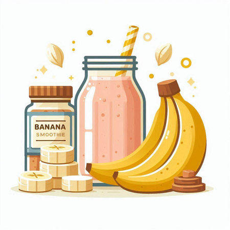 Banana smoothie in a glass jar with a straw and banana slices. Vector illustration.のイラスト素材