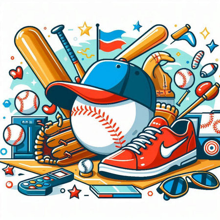Baseball sport equipment and accessories. Vector illustration in cartoon style.のイラスト素材