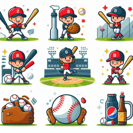 Baseball player cartoon icons set with ball and bat isolated vector illustrationのイラスト素材