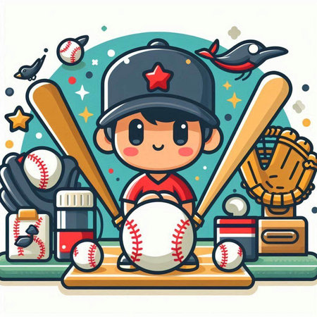 Baseball boy with baseball equipment. Vector illustration in cartoon style.のイラスト素材