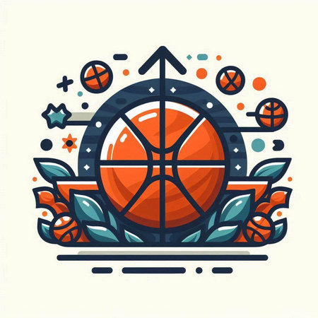 Basketball sport emblem, vector illustration in line art style with basketball ball and laurel wreath.のイラスト素材