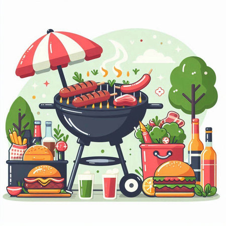 BBQ party with grilled sausages and burgers. Vector illustrationのイラスト素材