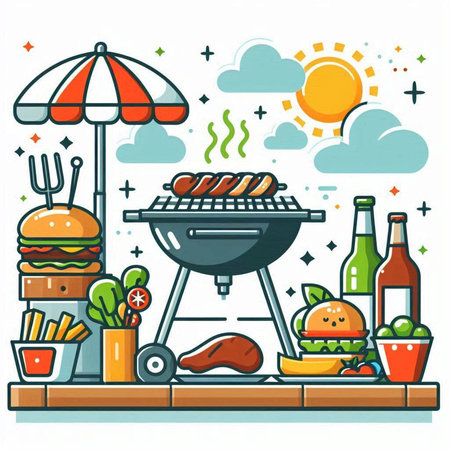 Vector illustration of BBQ grill party with food and drinks on white background.のイラスト素材
