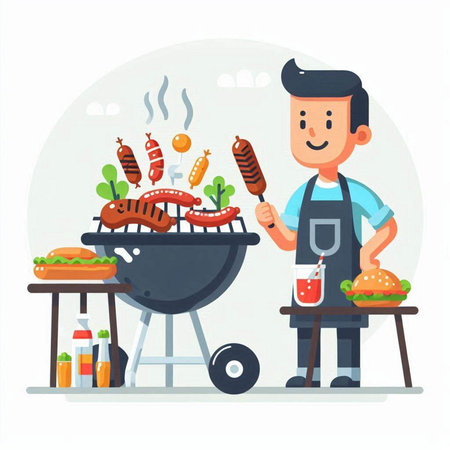 Barbecue party vector illustration. Cartoon man cooking sausages on barbecue grill.のイラスト素材