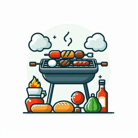 Vector illustration of barbecue grill with food and drinks on white background.のイラスト素材